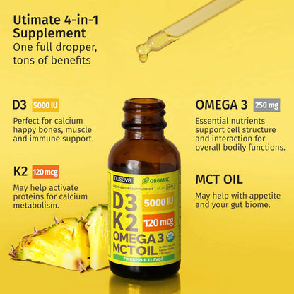 (2 Pack) Organic Vitamin D3 K2 Drops with MCT Oil & Omega 3 - Liquid Vitamin D3 5000 IU - K2 D3 Vitamin Supplement - Vitamin D Drops for Women & Men - No Fillers, Non-GMO, GMP, Unflavored (2 Fl Oz)