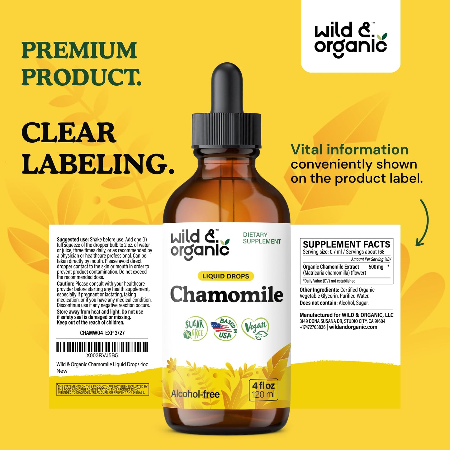 Wild & Organic Chamomile Flowers Drops - Add to Tea for Relaxation Support - 500 mg Chamomile Extract Liquid Drops - Calming Herbal Supplement - 56-Day Supply - Vegan, Sugar & Alcohol-Free - 4 fl oz