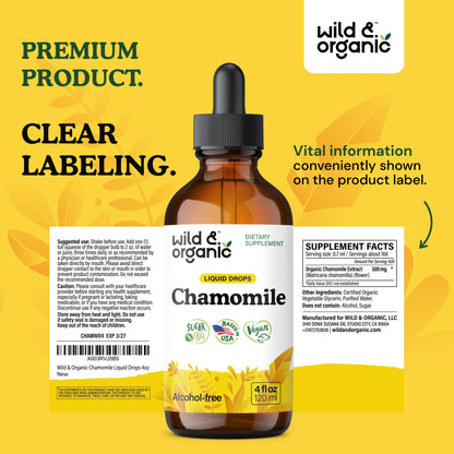 Wild & Organic Chamomile Flowers Drops - Add to Tea for Relaxation Support - 500 mg Chamomile Extract Liquid Drops - Calming Herbal Supplement - 56-Day Supply - Vegan, Sugar & Alcohol-Free - 4 fl oz