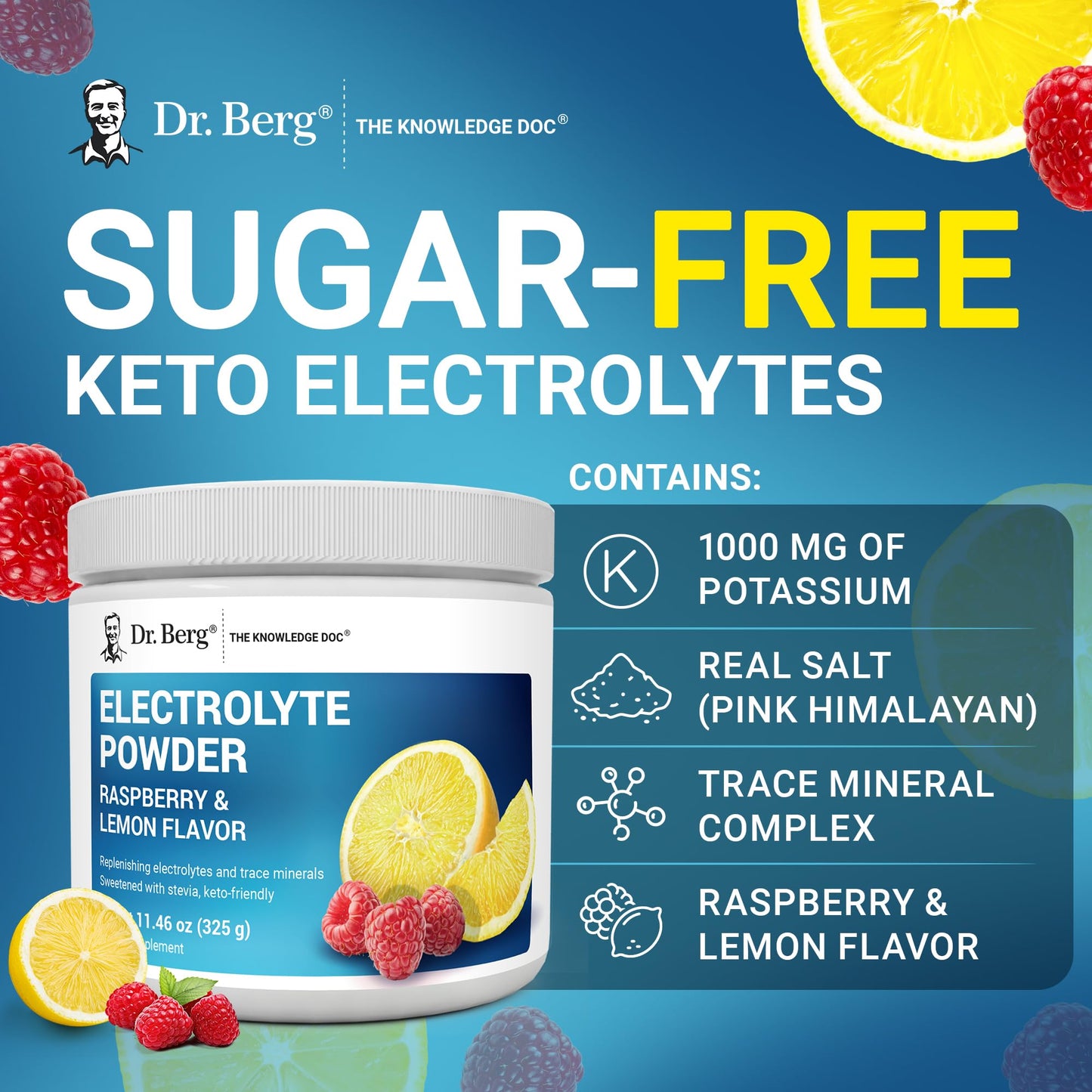Dr. Berg Zero Sugar Hydration Keto Electrolyte Powder - Enhanced w/ 1000 mg of Potassium & Real Pink Himalayan Salt (NOT Table Salt) - Raspberry & Lemon Flavor Hydration Drink Supplement, 100 Servings