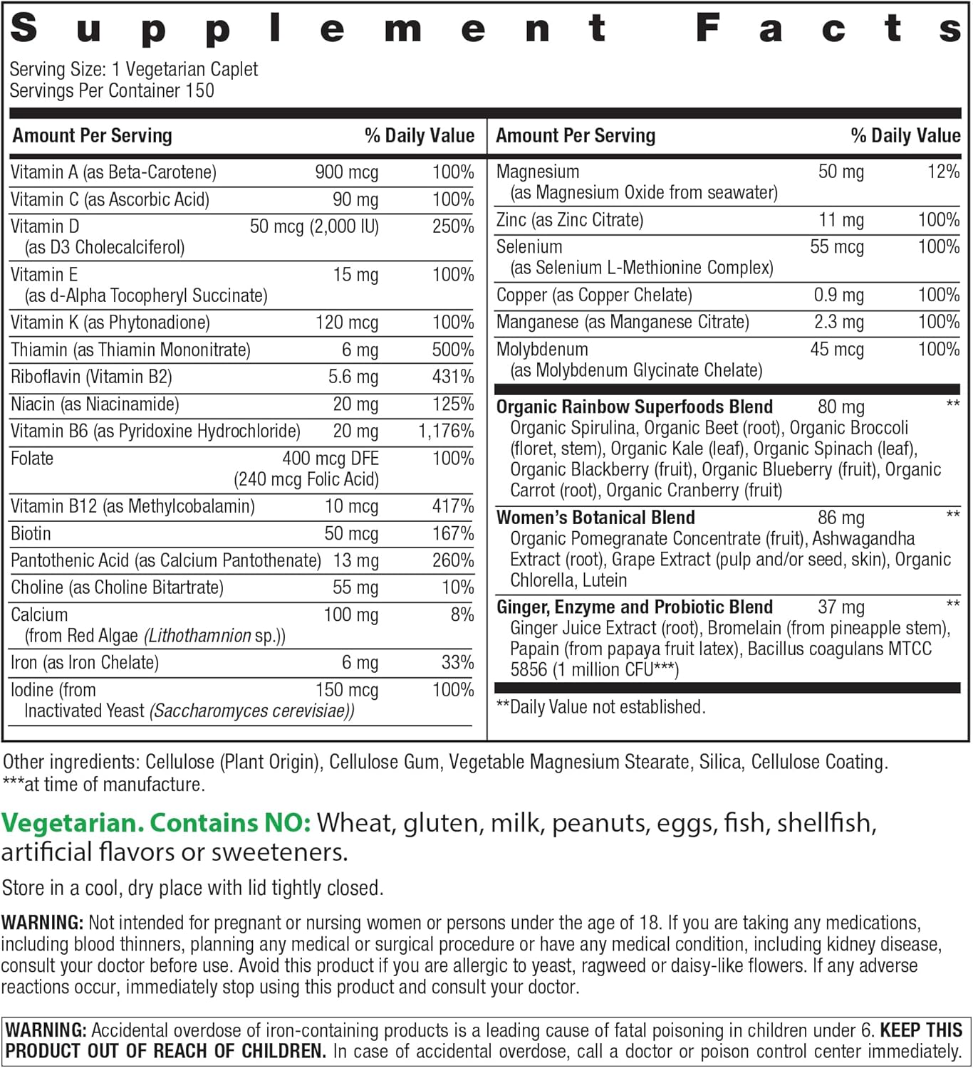 Rainbow Light Womens Multivitamin One + | 150 Caplets | Supports Cellular Energy & Antioxidant Health | Real Food Nutrients, Digestive Enzymes & Probiotics | with Vitamins C, D, and Zinc