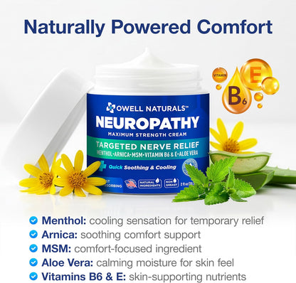 Owell Naturals Neuropathy Cream Extra Strength – Fast Absorbing Cooling for Leg, Feet & Hands – Advanced Soothing Formula with Aloe Vera, Arnica, MSM & Vitamin B6 – Made in USA, 2 fl oz