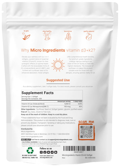 Micro Ingredients Vitamin D3 5,000 IU + K2 MK-7 100 mcg, 300 Softgels | 2-in-1 Vitamins D & K Complex | Extra Strength, Easy to Swallow, Non-GMO, Gluten Free