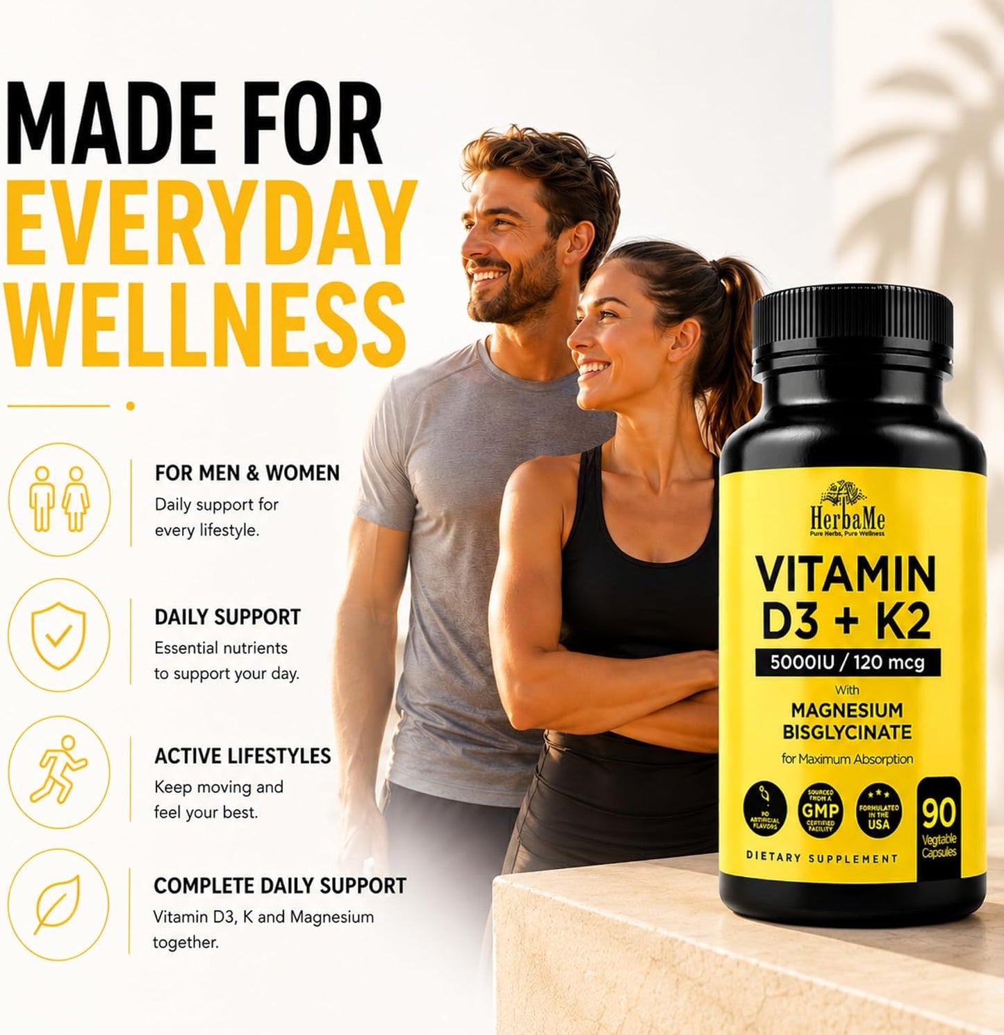 HerbaMe Vitamin D3 5000 IU + K2 with Magnesium Bisglycinate | Complete D3 Activation & Absorption Support Formula | Bone, Muscle & Immune Wellness | 90 Capsules