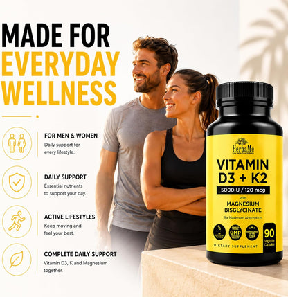 HerbaMe Vitamin D3 5000 IU + K2 with Magnesium Bisglycinate | Complete D3 Activation & Absorption Support Formula | Bone, Muscle & Immune Wellness | 90 Capsules