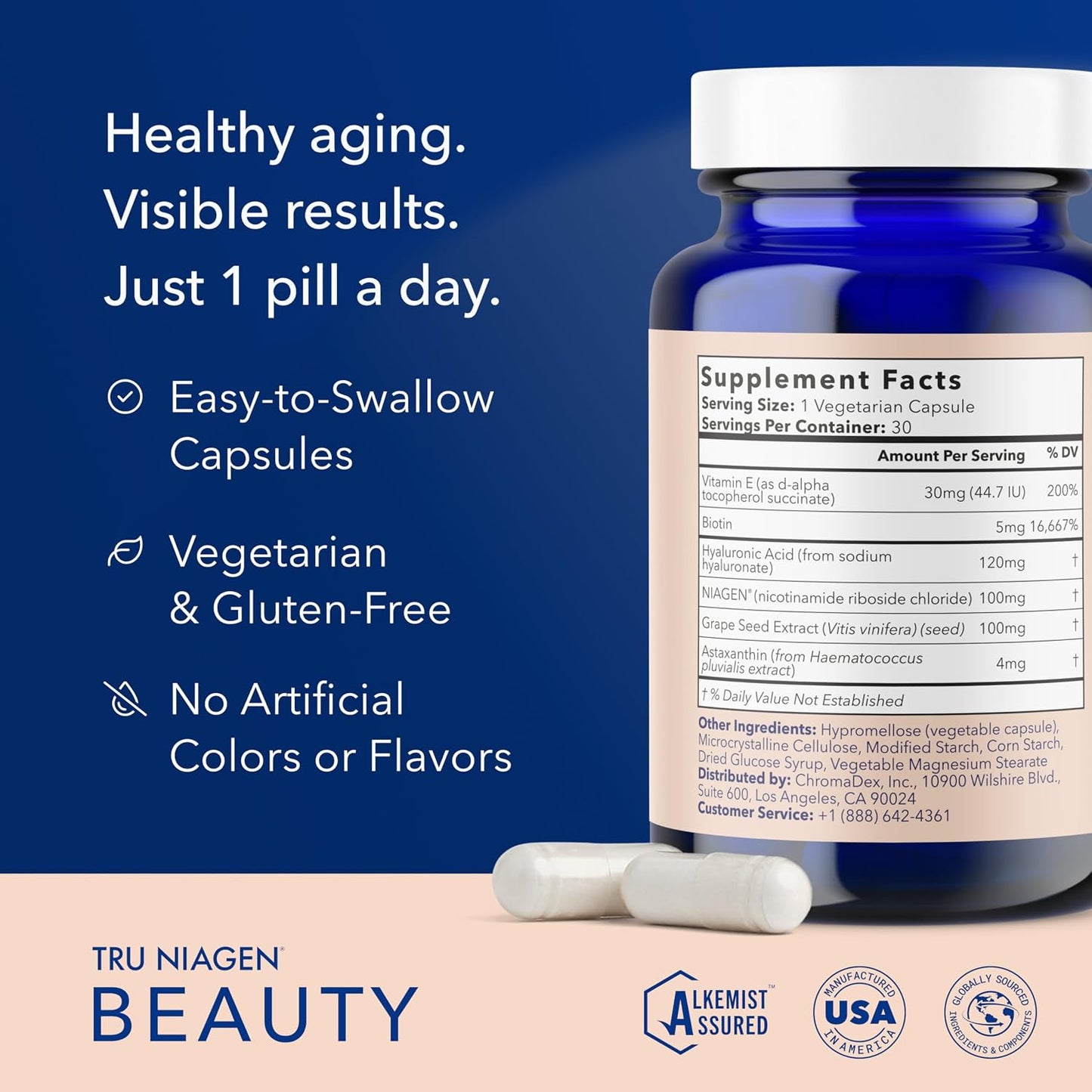 TRU NIAGEN Beauty NAD+ for Hair, Skin & Nails | Contains Niagen®, Astaxanthin, Hyaluronic Acid, Biotin | Daily Supplements for Men & Women | 30 Servings