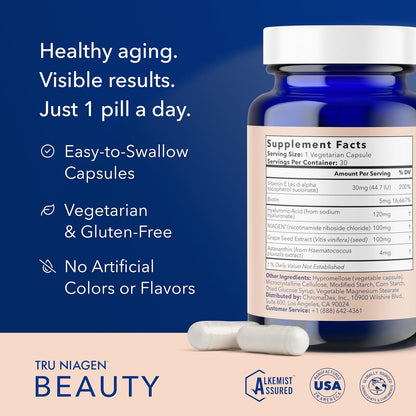 TRU NIAGEN Beauty NAD+ for Hair, Skin & Nails | Contains Niagen®, Astaxanthin, Hyaluronic Acid, Biotin | Daily Supplements for Men & Women | 30 Servings