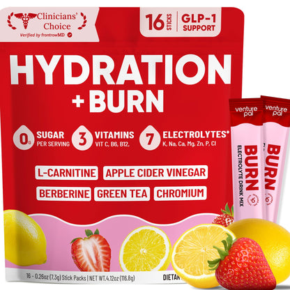 Venture Pal Electrolyte Packets + Burn Support, Sugar Free, 16 Sticks | 7 Electrolytes + L-Carnitine, Berberine, ACV, Chromium, Green Tea, Metabolic Support, Keto Friendly, Vegan, Liquid Daily IV