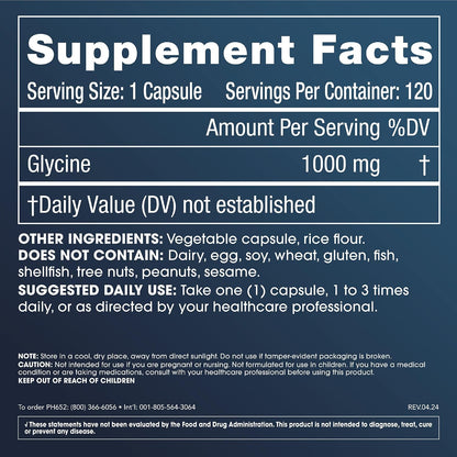 ProHealth Pure Glycine, 1000 mg Per Capsule | Promotes Restful Sleep & Morning Wakefulness, Supports Relaxation | Clinically Studied | Third-Party Tested | 120 Capsules