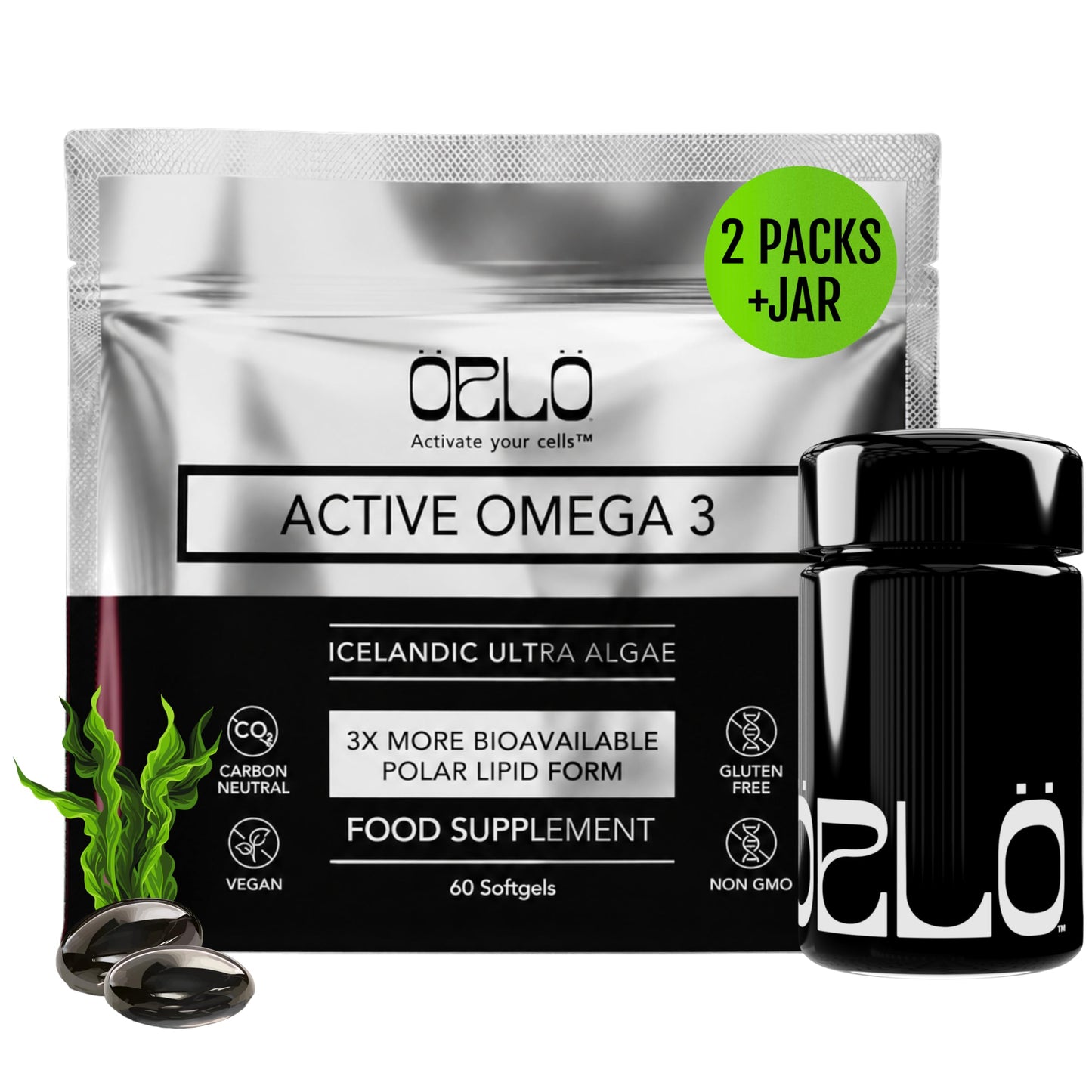 Orlo Vegan Omega 3 Algae Oil 1000mg - Natural Icelandic Nordic Omega-3 EPA & DHA Supplement - Fish Oil & Krill Alternative for Heart & Brain – 60 Easy-to-Swallow Burpless Mini Softgels