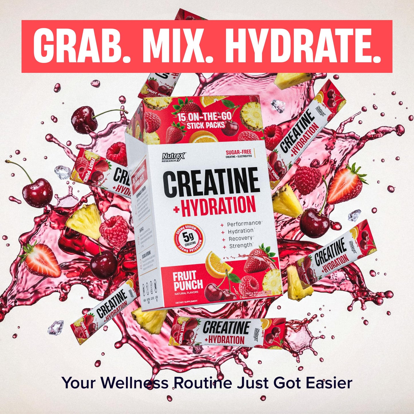 Nutrex Research Essentials Creatine + Hydration Stick Packs, 5g Creatine + Electrolytes, Sugar Free, Gluten Free, Strawberry Watermelon, 15 On-The-Go Stick Packs