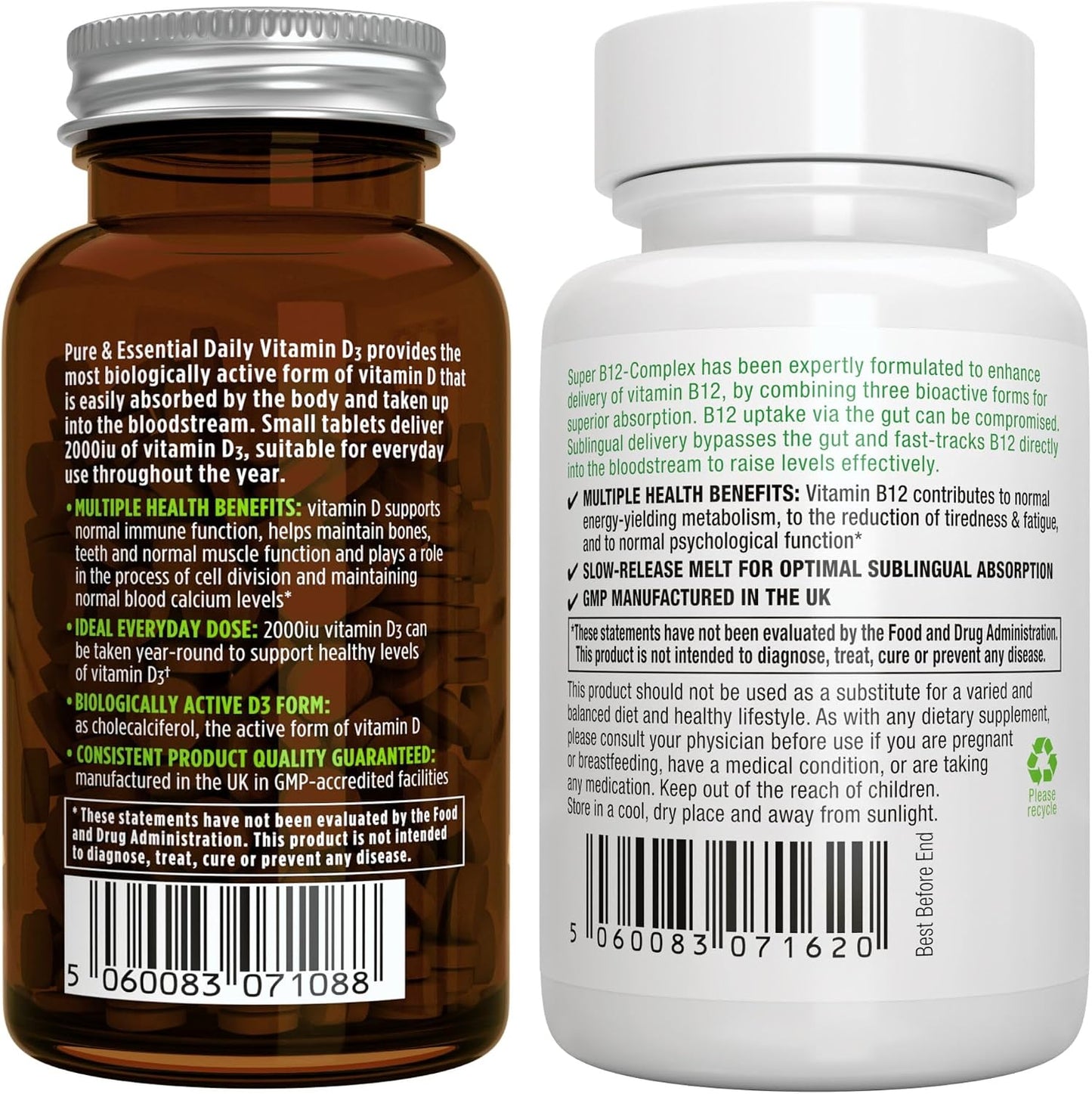 Daily Vitamin D3 + Super B12-Complex, Vegetarian Bundle, 365 2000iu Vitamin D3 Tablets + High Absorption Sublingual B12, by Igennus