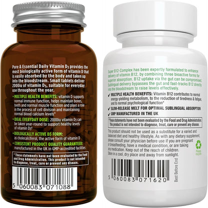 Daily Vitamin D3 + Super B12-Complex, Vegetarian Bundle, 365 2000iu Vitamin D3 Tablets + High Absorption Sublingual B12, by Igennus