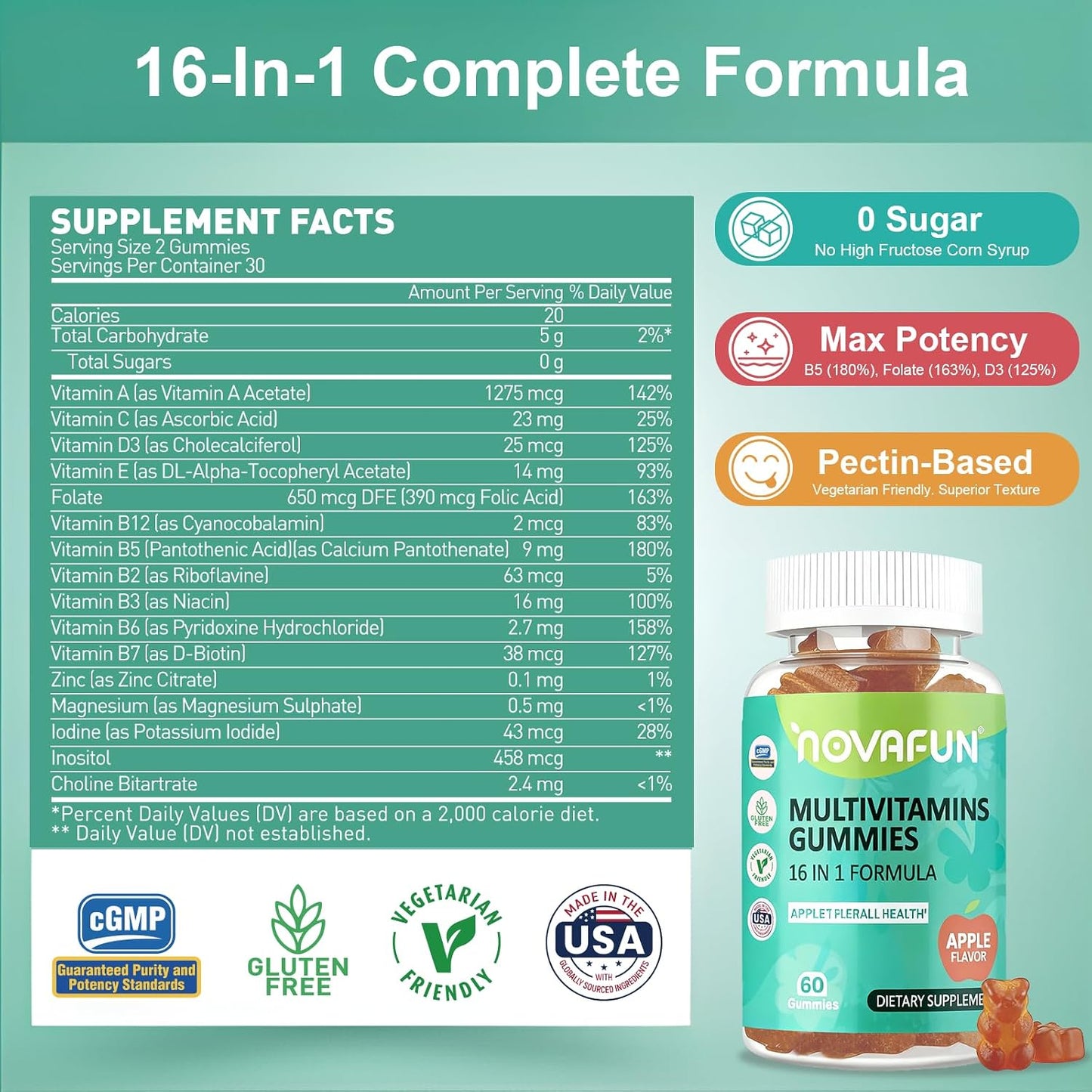 Multivitamin Gummies,16-in-1 Multi Vitamin Supplements for Women, Men & Kids, Essential Vitamins & Minerals for Overall Health, Vegan, Sugar-Free, 60 Count