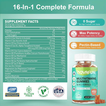 Multivitamin Gummies,16-in-1 Multi Vitamin Supplements for Women, Men & Kids, Essential Vitamins & Minerals for Overall Health, Vegan, Sugar-Free, 60 Count