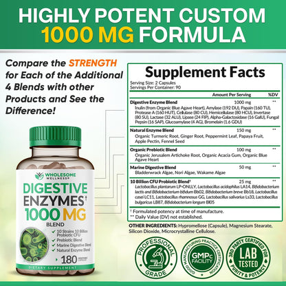Wholesome Wellness Digestive Enzymes 1000MG Plus Prebiotics & Probiotics Supplement, 180 Capsules, Organic Plant-Based Vegan Formula for Digestion & Lactose with Amylase & Bromelain,3-6 Months Supply