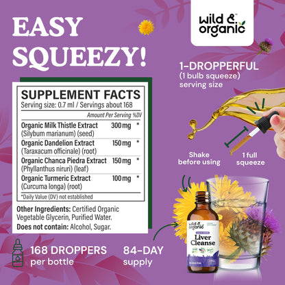 Wild & Organic Liver Cleanse Detox Tincture - Milk Thistle, Dandelion Root Herbal Complex - Liquid Liver Support Supplement - Vegan, Sugar & Alcohol-Free Milk Thistle Drops - 4 fl oz