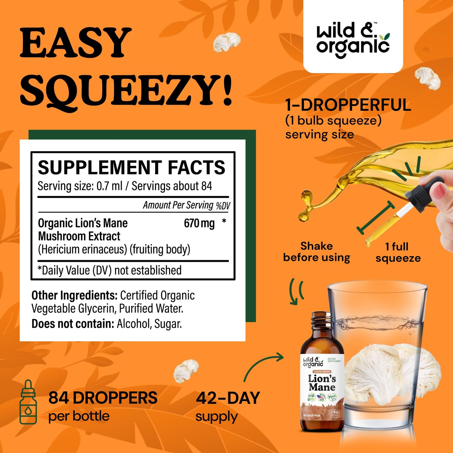 Wild & Organic Lions Mane Liquid Drops - Brain & Focus Support - Lion's Mane Mushroom Supplement - Hericium Erinaceus Mushroom Drops - Mix with Powder - Sugar & Alcohol-Free Extract Tincture - 4 oz