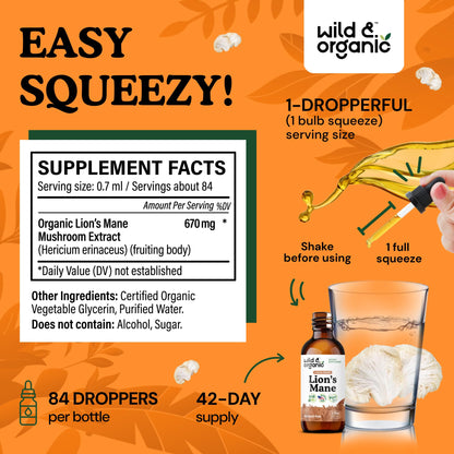 Wild & Organic Lions Mane Liquid Drops - Brain & Focus Support - Lion's Mane Mushroom Supplement - Hericium Erinaceus Mushroom Drops - Mix with Powder - Sugar & Alcohol-Free Extract Tincture - 4 oz