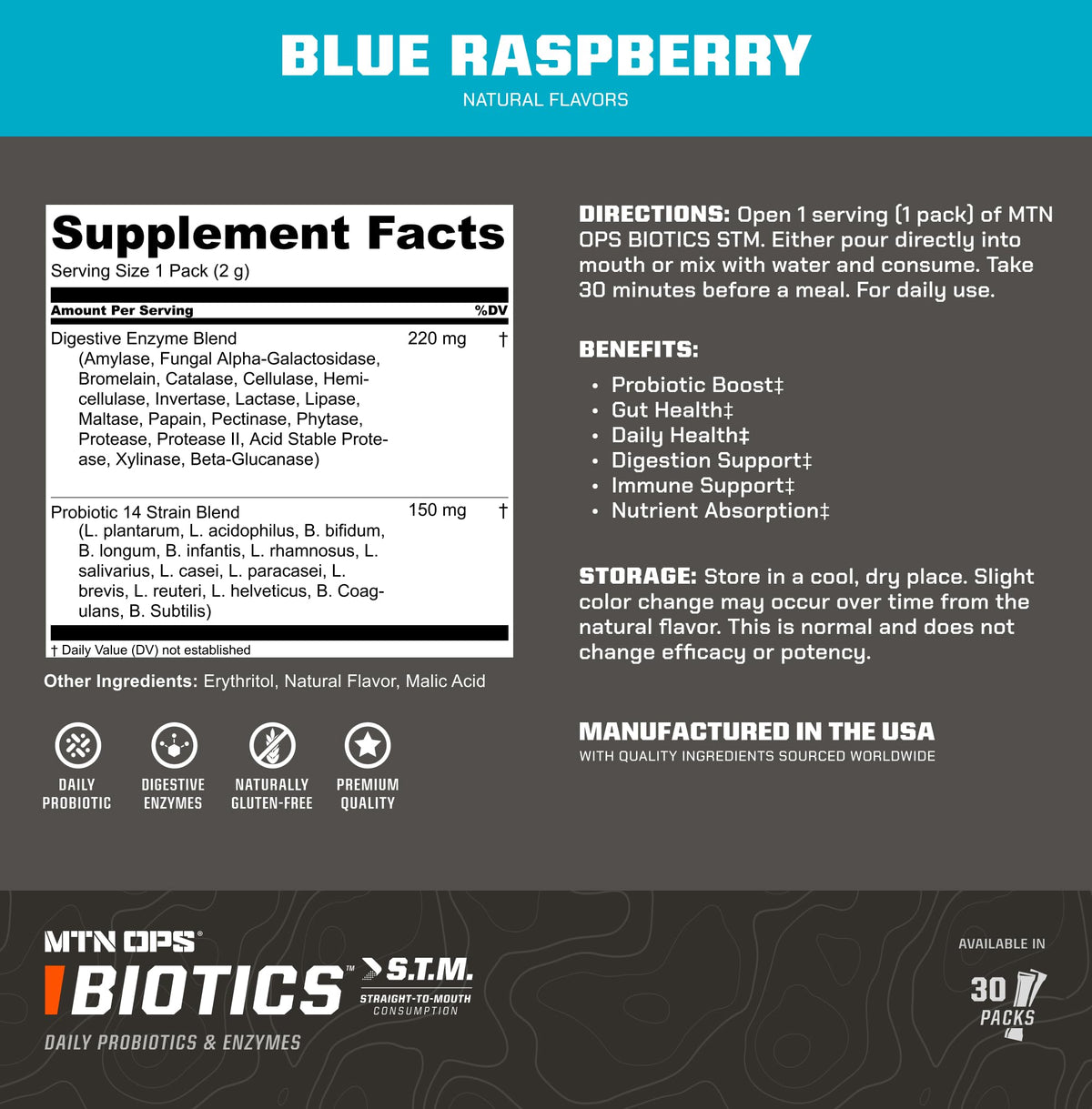 MTN OPS Biotics Daily Probiotic & Prebiotic for Gut Health, 60 Capsules