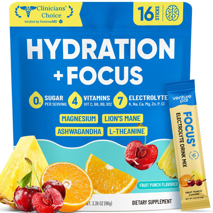 Venture Pal Sugar Free Hydration + Focus Electrolyte Packets, 16 Sticks | 7 Electrolytes + Vitamins, Magnesium, Lion's Mane & Ashwagandha, Boost Clarity & Energy, Electrolytes Powder, Vegan, Keto