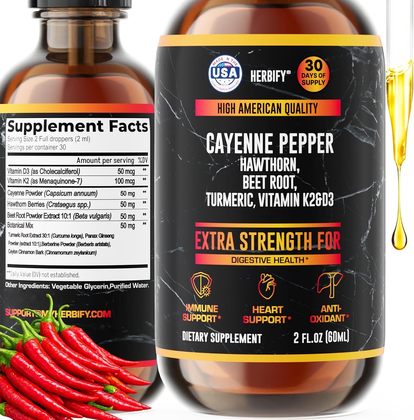 HERBIFY Cayenne Pepper Drops - Immune Support Supplement - Detox & Digestion Support - Cayenne Pepper Hawthorn Beet Root Turmeric Vitamin K2 D3 - Energy Supplements Extract - 2 Fl Oz - Made in USA