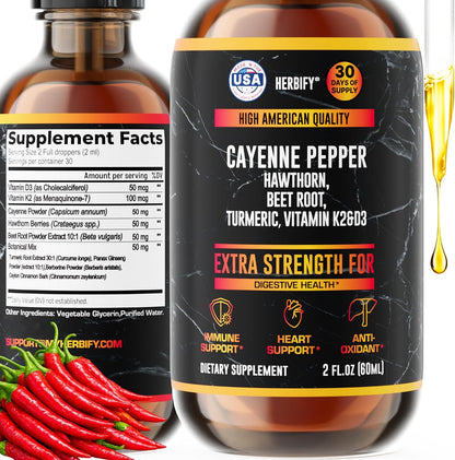 HERBIFY Cayenne Pepper Drops - Immune Support Supplement - Detox & Digestion Support - Cayenne Pepper Hawthorn Beet Root Turmeric Vitamin K2 D3 - Energy Supplements Extract - 2 Fl Oz - Made in USA