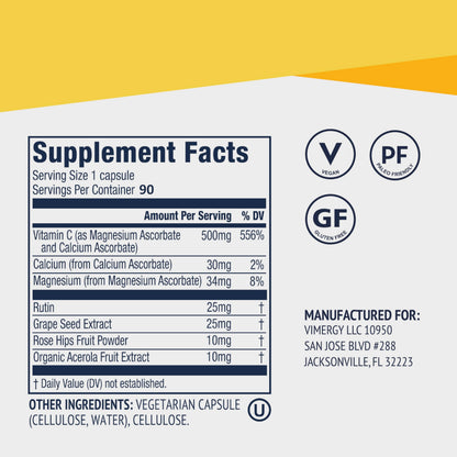 Vimergy Micro-C® Vitamin C Capsules – 500mg per Capsule, Supports Immune Health*, Promotes Collagen Production, Supports Healthy Bones*, Kosher, Vegan & Gluten-Free (90 Capsules)