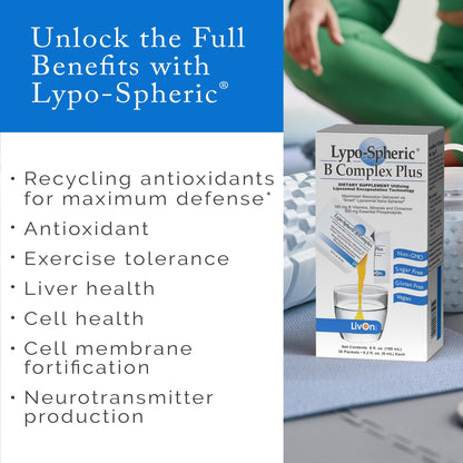 LivOn Laboratories Lypo–Spheric B Complex Plus – 30 Packets – 195 mg B Vitamins, Minerals & Cinnamon Per Packet – Liposome Encapsulated for Improved Absorption – 100% Non–GMO