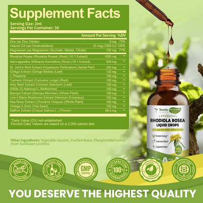 Totaria 16-in-1 Liposomal Rhodiola Rosea Supplement Tincture 1000mg, Ultra Strength Rhodiola 10:1 Root Extract w/Ashwagandha, Rhodiola Liquid Drops for Natural Relaxation, Mood, Energy, Alcohol-Free