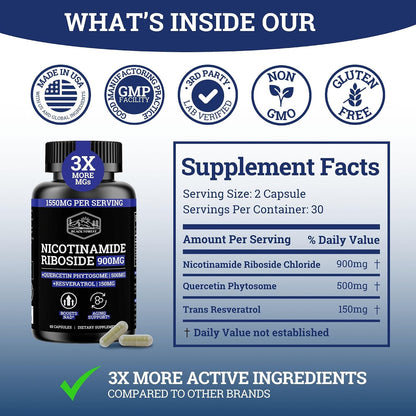 Black Forest NAD Nicotinamide Riboside 900 mg (Liposomal Nicotinamide Riboside 900mg Resveratrol, Quercetin 500mg & 150mg of NAD Resveratrol Supplement) 1550 MGS NR Supplement 900mg NAD+