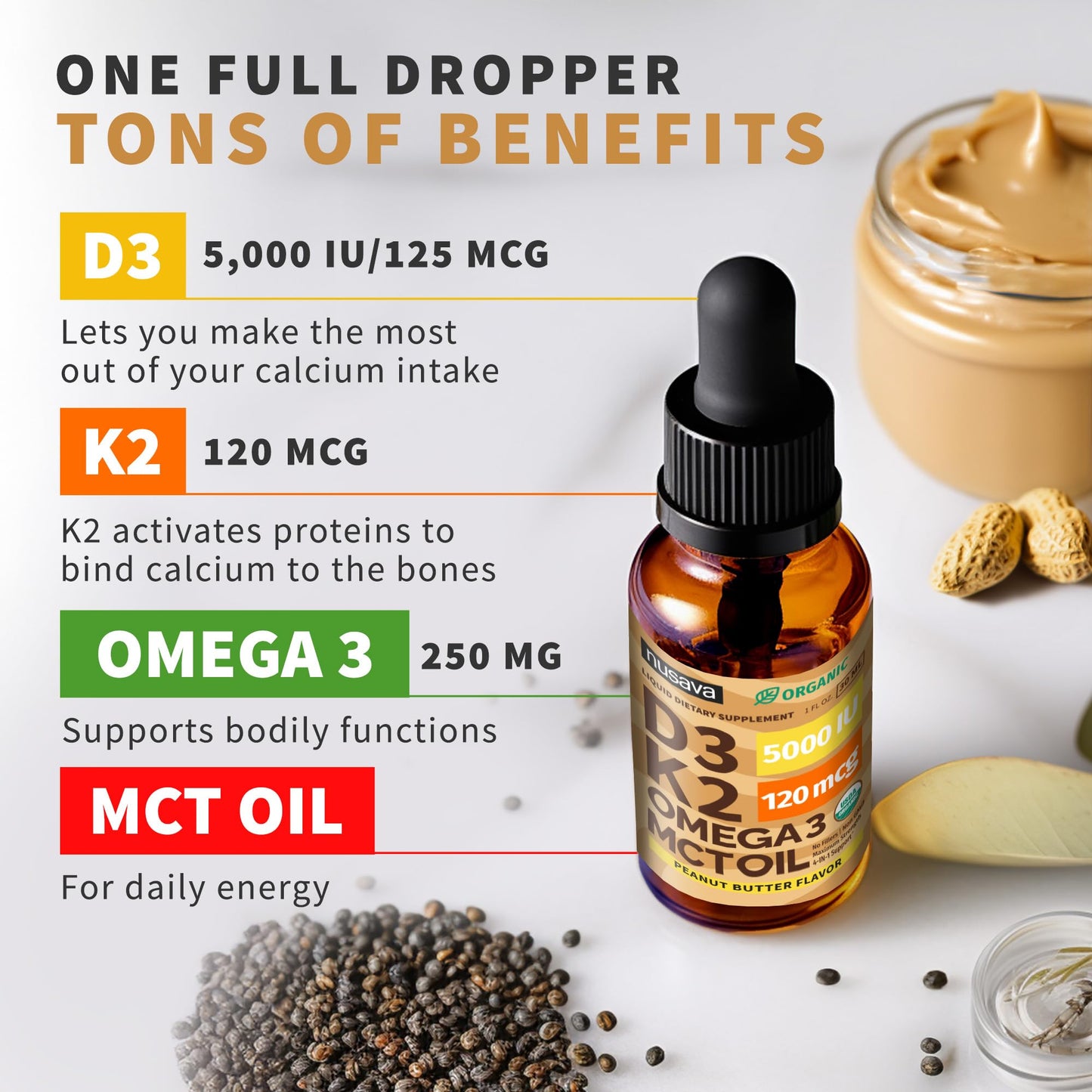 (2 Pack) Organic Vitamin D3 K2 Drops with MCT Oil & Omega 3 - Liquid Vitamin D3 5000 IU - K2 D3 Vitamin Supplement - Vitamin D Drops for Women & Men - No Fillers, Non-GMO, GMP, Unflavored (2 Fl Oz)