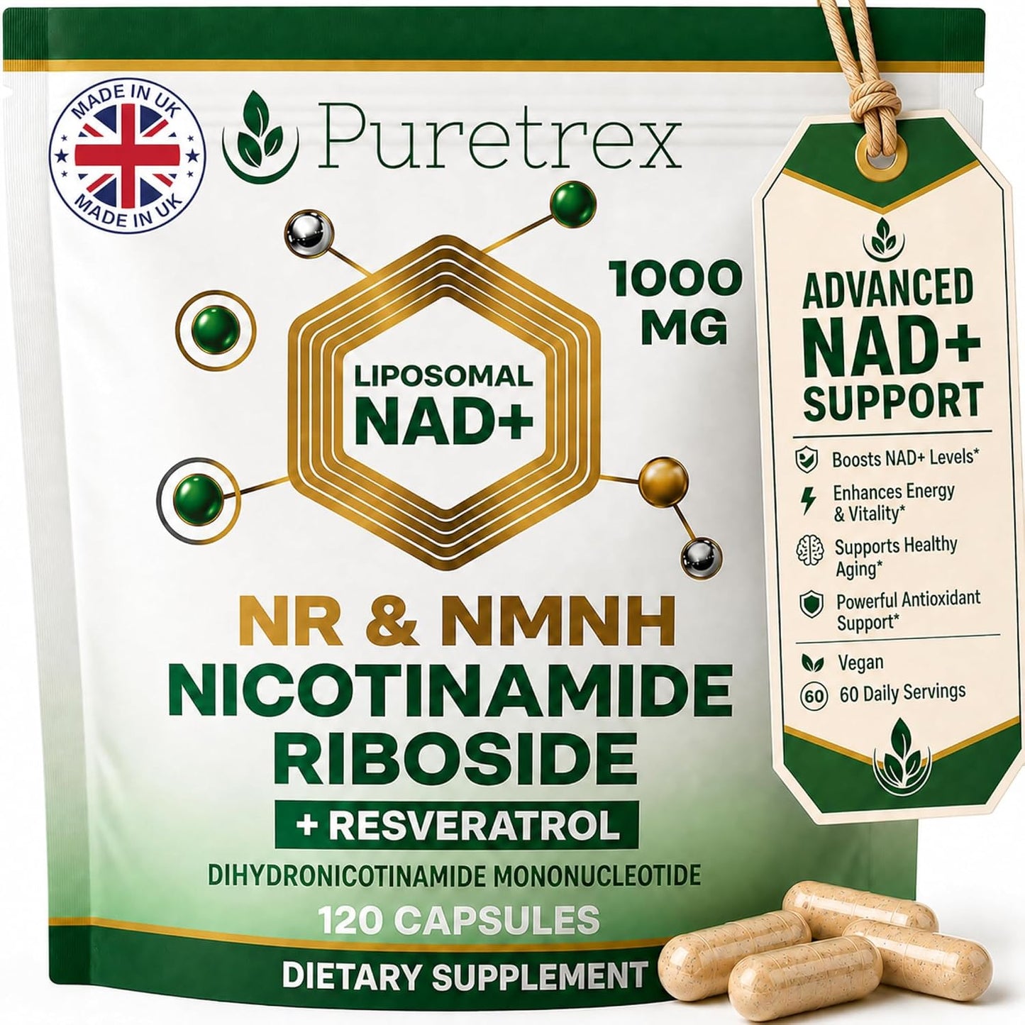 Liposomal NAD+ Supplement 1000mg NR & NMNH with Trans-Resveratrol, Quercetin Phytosome, CoQ10 Ubiquinol, Fisetin, Pterostilbene, R-ALA, TMG, BioPerine, Astaxanthin, 120 Vegan Capsules