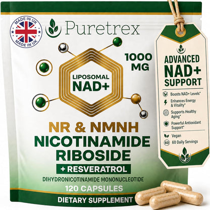 Liposomal NAD+ Supplement 1000mg NR & NMNH with Trans-Resveratrol, Quercetin Phytosome, CoQ10 Ubiquinol, Fisetin, Pterostilbene, R-ALA, TMG, BioPerine, Astaxanthin, 120 Vegan Capsules