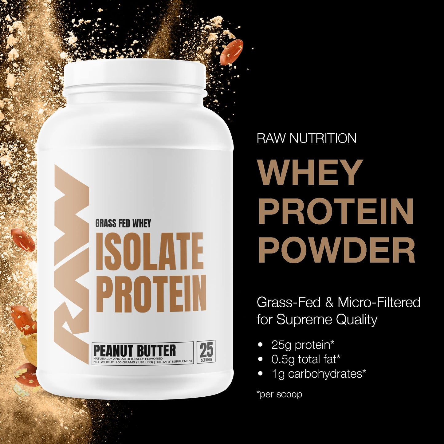 RAW Whey Isolate Protein Powder, Dark Chocolate - 100% Grass-Fed Sports Nutrition Whey Protein Powder for Muscle Growth & Recovery - Low-Fat, Low Carb, Naturally Flavored & Sweetened - 25 Servings