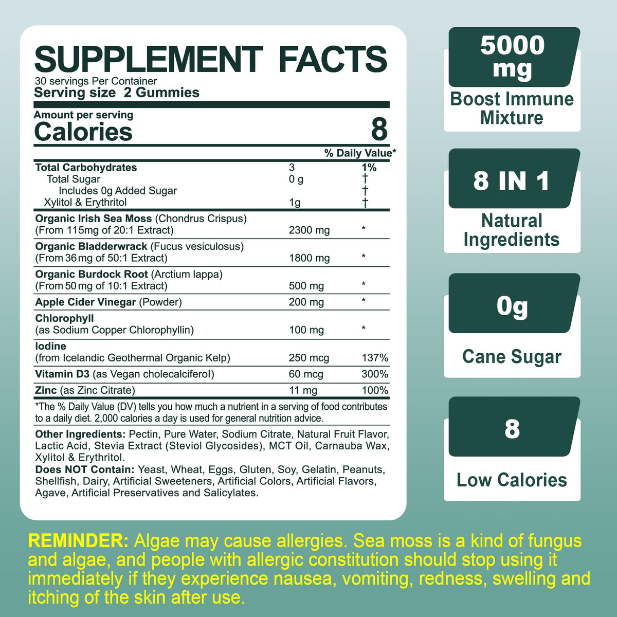 Sugar-Free Sea Moss Iodine Gummies 5000mg, Extra Strength Irish Moss Gel Supplement