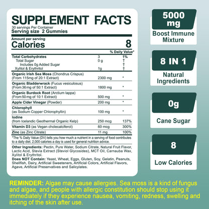 Sugar-Free Sea Moss Iodine Gummies 5000mg, Extra Strength Irish Moss Gel Supplement
