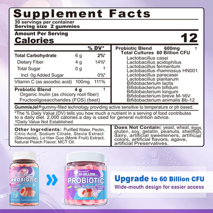 Probiotic Gummies 60 Billion CFU for Women Men & Kids, 11 Strains Probiotics + Organic Prebiotics Fiber for Immune, Digestive Health, Supports Constipation, Diarrhea, Gas & Bloating - Sugar Free, 60ct