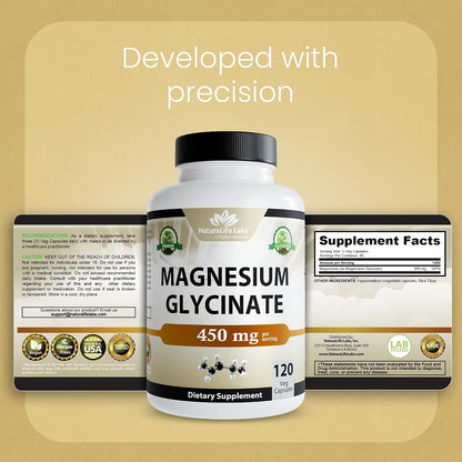 NaturaLife Labs Magnesium Glycinate - 450 mg per Serving – 120 Vegan Capsules - Non-GMO, Gluten-Free, Vegan