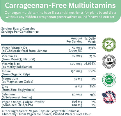 Future Kind Carrageenan-Free Foundations Multivitamin for Women & Men with Omega-3, B12, D3, Zinc, Iodine, Magnesium, K2 & Selenium, Vegan, Compostable Bag (60ct)
