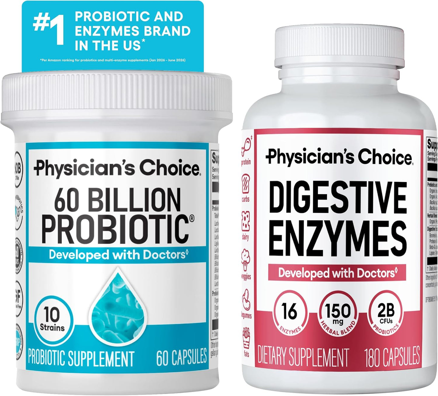 Physician's CHOICE - Optimal Gut Health Bundle: 60 Billion Probiotic 60ct + Digestive Enzyme 180ct for Digestive Comfort and Immune Support - Value Bundle