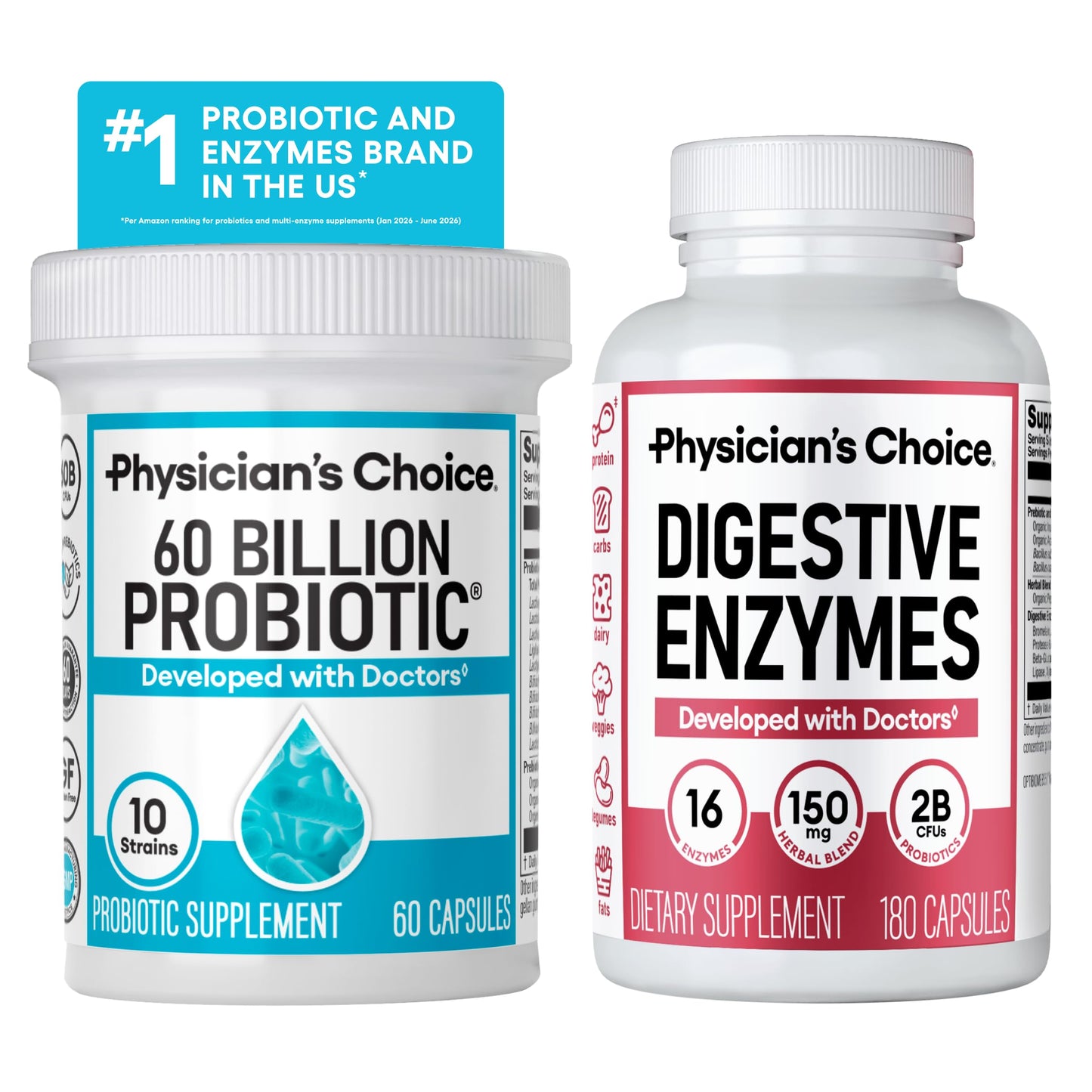 Physician's CHOICE Advanced Gut Health Bundle: 60 Billion Probiotics 30ct + Digestive Enzymes 60ct for Digestive, Gut, and Immune Health Supports Occasional Constipation, Diarrhea, Gas, and Bloating