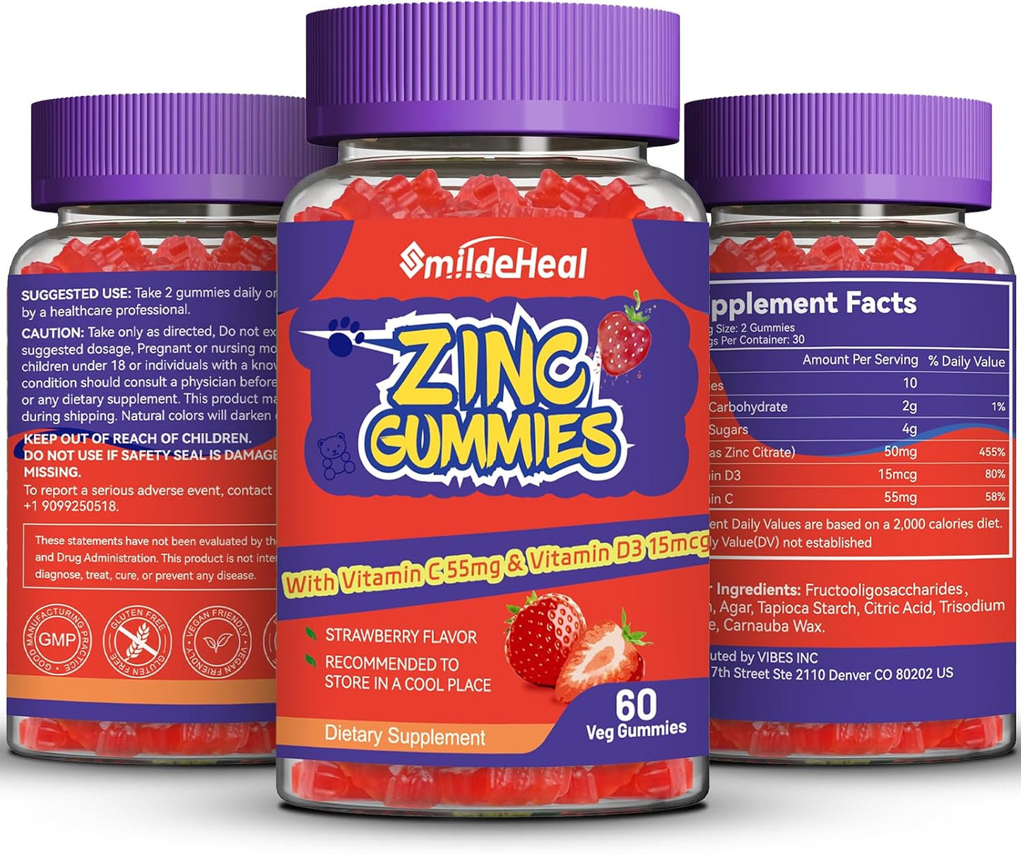 Zinc Gummies, Zinc 50mg, Zinc Citrate, with Vitamin C, Vitamin D3, 60 Count | Zinc Gummies, Zinc 50mg, Zinc Citrate, with Vitamin C, Vitamin D3, Strawberry Flavor Gummies, 60 Count