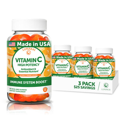 Lunakai USA Made High Potency Vitamin C Gummies for Adults and Kids - 300mg Immune Support - Non-GMO, Vegan, Delicious Orange Flavor, 60ct