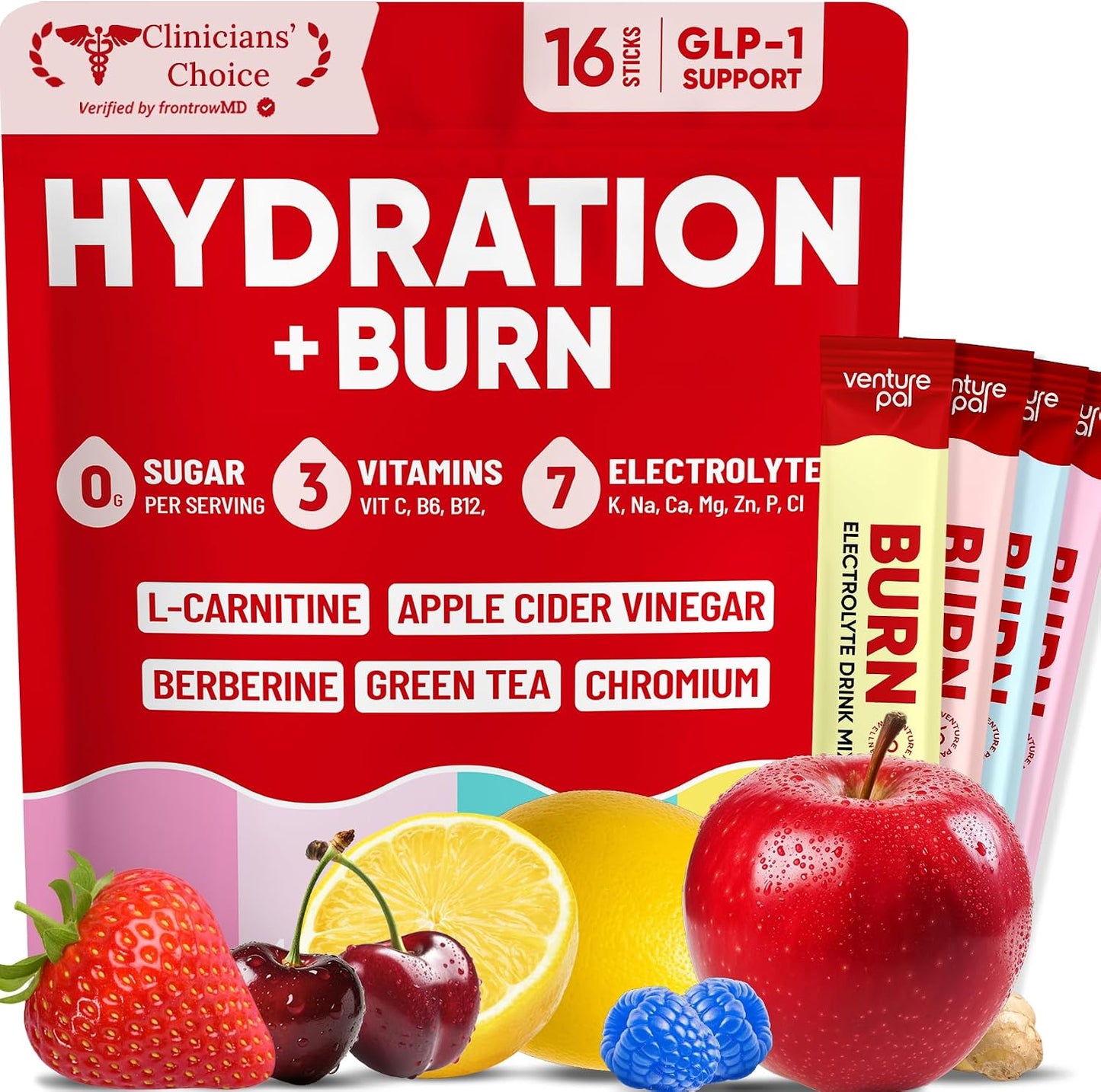 Venture Pal Electrolyte Packets + Burn Support, Sugar Free, 16 Sticks | 7 Electrolytes + L-Carnitine, Berberine, ACV, Chromium, Green Tea, Metabolic Support, Keto Friendly, Vegan, Liquid Daily IV