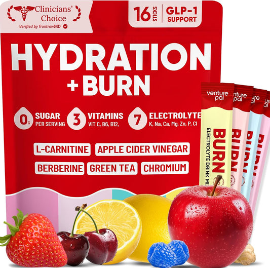 Venture Pal Electrolyte Packets + Burn Support, Sugar Free, 16 Sticks | 7 Electrolytes + L-Carnitine, Berberine, ACV, Chromium, Green Tea, Metabolic Support, Keto Friendly, Vegan, Liquid Daily IV
