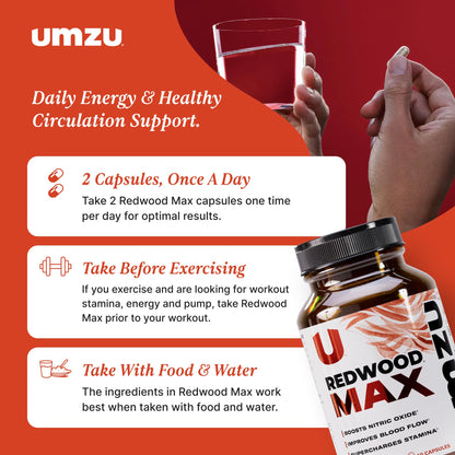 UMZU Redwood Max Nitric Oxide Booster, 1-Month Supply – Advanced Nitric Oxide Supplement with Fitnox Blend, Pine Bark, Resveratrol & Tart Cherry – Promotes Healthy Circulation, Energy and Recovery