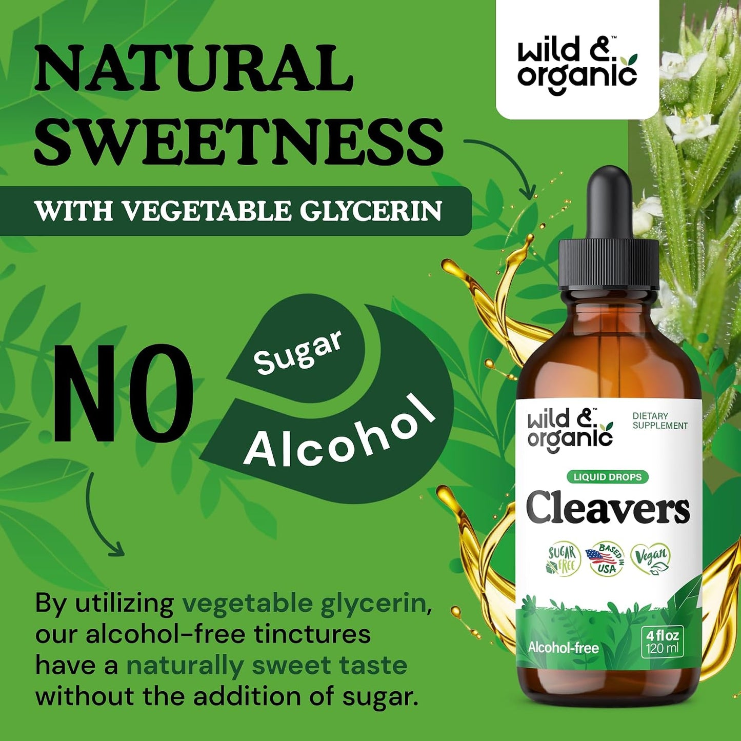 Wild & Organic Cleavers Lymphatic Drainage Drops - Cleavers Herb for Natural Detox Support - Add to Tea Tincture - Galium Aparine Leaf Extract Supplement - Vegan, Sugar & Alcohol-Free - 4 fl oz