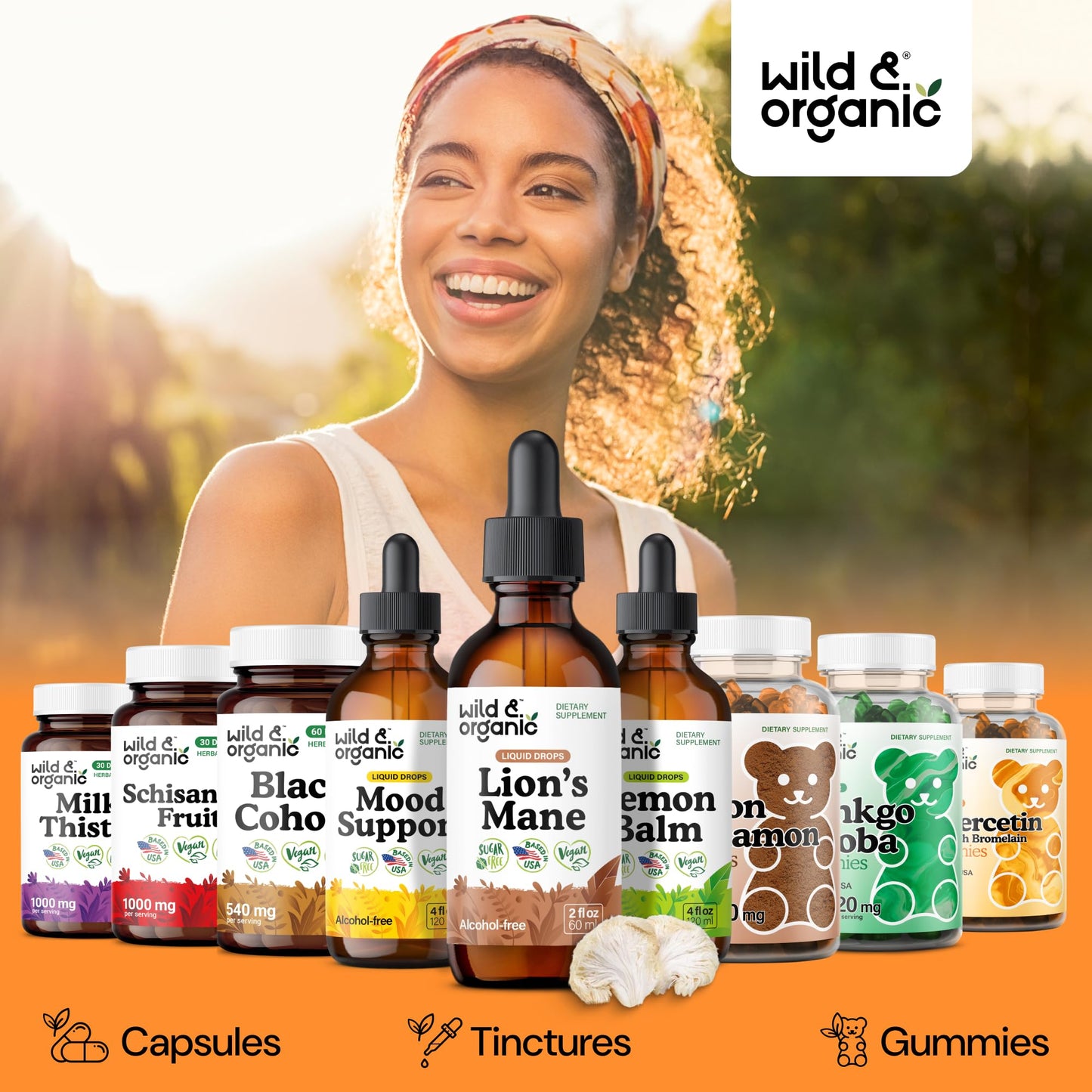 Wild & Organic Lions Mane Liquid Drops - Brain & Focus Support - Lion's Mane Mushroom Supplement - Hericium Erinaceus Mushroom Drops - Mix with Powder - Sugar & Alcohol-Free Extract Tincture - 4 oz
