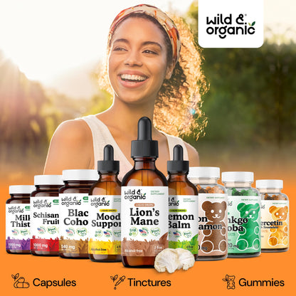Wild & Organic Lions Mane Liquid Drops - Brain & Focus Support - Lion's Mane Mushroom Supplement - Hericium Erinaceus Mushroom Drops - Mix with Powder - Sugar & Alcohol-Free Extract Tincture - 4 oz